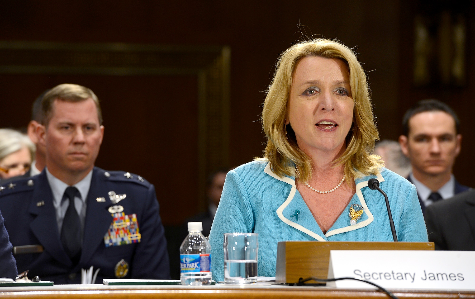 Secretary of the Air Force Deborah Lee James testifies on the Air Force posture for fiscal year 2015 before the Senate Appropriations Committee on Defense, April 2, 2014, in Washington, D.C.  Also testifying were Air Force Chief of Staff Gen. Mark A. Welsh III; Gen. James "JJ" Jackson, the Air Force Reserve chief; Gen. Frank J. Grass, the National Guard bureau chief; and Lt. Gen. Stanley E. Clarke III, the Air National Guard director.  (U.S. Air Force photo/Scott M. Ash)