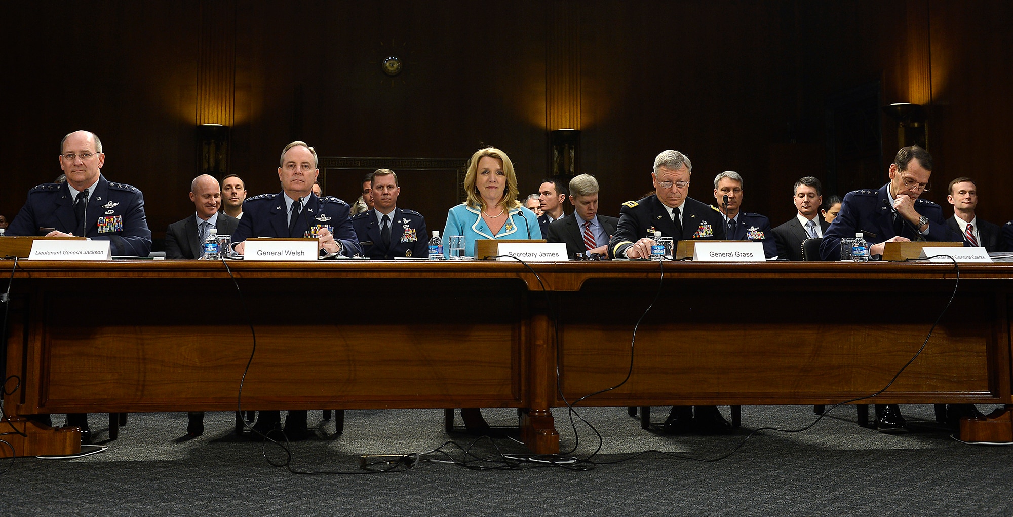 Secretary of the Air Force Deborah Lee James and Air Force Chief of Staff Gen. Mark A. Welsh III testify on the Air Force posture for fiscal year 2015 before the Senate Appropriations Committee on Defense, April 2, 2014, in Washington, D.C.  Also testifying were, from the left, Gen. James "JJ" Jackson, the Air Force Reserve chief; Gen. Frank J. Grass, the National Guard bureau chief; and Lt. Gen. Stanley E. Clarke III, the Air National Guard director.  (U.S. Air Force photo/Scott M. Ash)