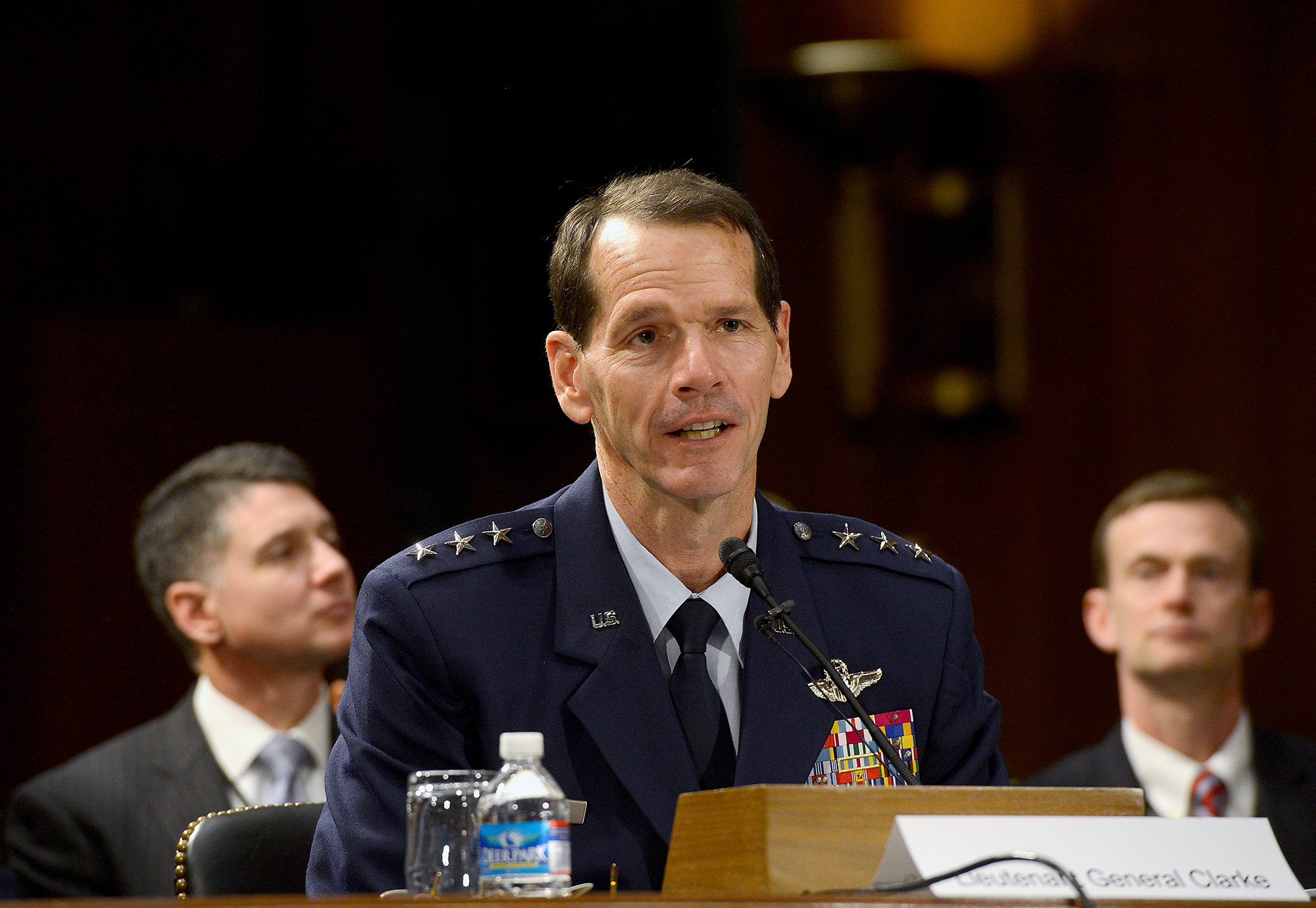 Lt. Gen. Stanley E. Clarke III testifies on the Air Force posture for fiscal year 2015 before the Senate Appropriations Committee on Defense, April 2, 2014, in Washington, D.C.  Also testifying were Secretary of the Air Force Deborah Lee James; Air Force Chief of Staff Gen. Mark A. Welsh III; Gen. James "JJ" Jackson, the Air Force Reserve chief; and Gen. Frank J. Grass, the National Guard bureau chief. Clarke is the Air National Guard director (U.S. Air Force photo/Scott M. Ash)