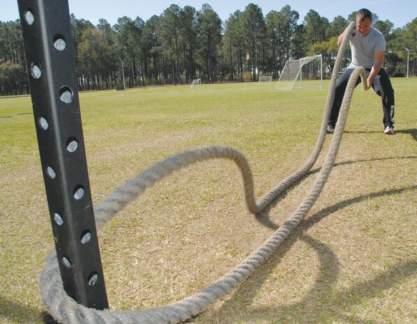 Sgt. Joshua Loflin, career planner, Marine Corps Logistics Base Albany, conditions with a battle rope during the Marine Corps Logistics Base Albany High Intensity Tactical Training level 1 training course, March 18-21.