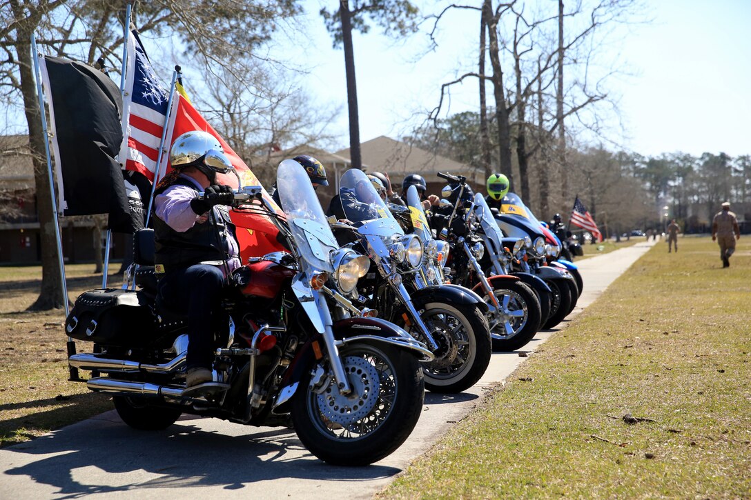 Patriot Guard Riders assemble to meet with Marines from 2nd Marine Logistics Group aboard Marine Corps Base Camp Lejeune, March 26. The riders were thanked by the Marines for their continued support and dedication.