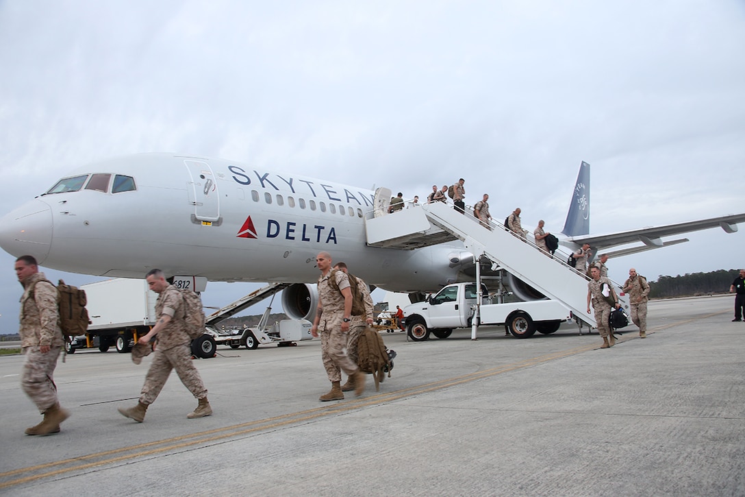 Marines from several 2nd Marine Aircraft Wing squadrons returned to Cherry Point after completing Integrated Training Exercise 3-14 at Marine Corps Air Ground Combat Center Twentynine Palms, Calif. March 28, 2014. 