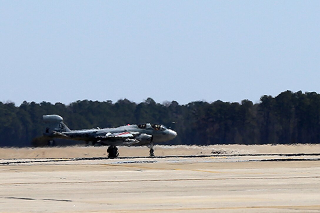 An EA-6B Prowler with Marine Tactical Electronic Warfare Training Squadron 1 launches down a runway at Marine Corps Air Station Cherry Point March 27, 2014. The first class of naval aviators training at the squadron began flying for the first time March 27. 