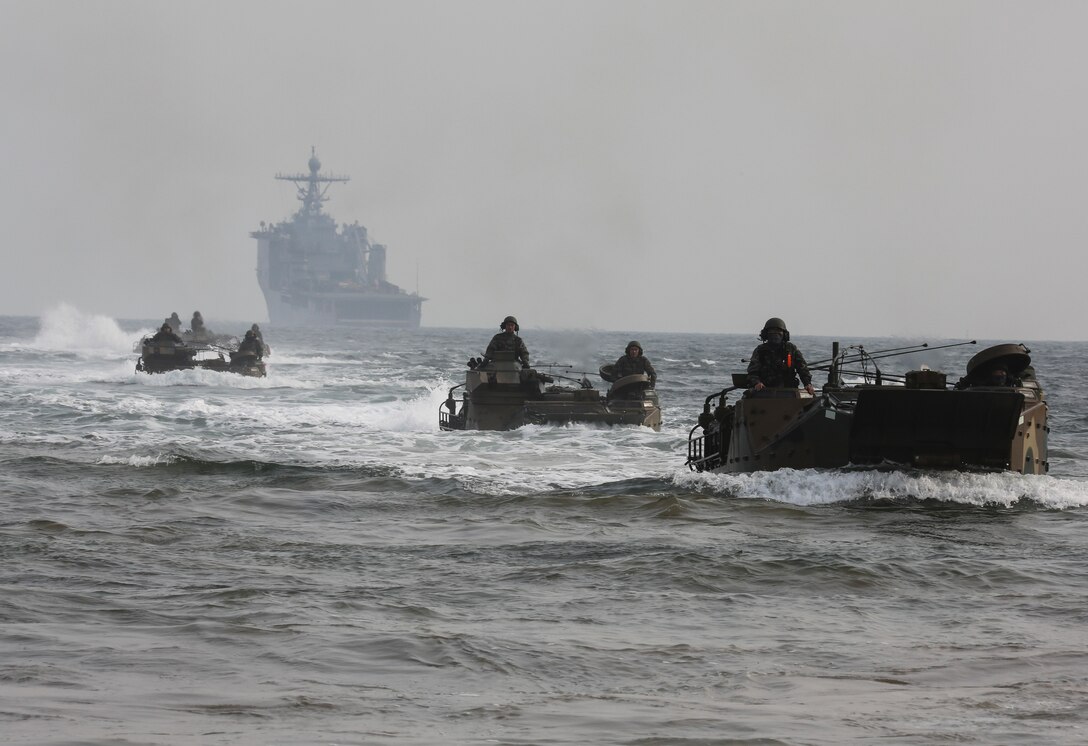 Republic of Korea Marines drive Amphibious Assault Vehicles onto Dogue Beach during exercise Ssang Yong, Pohang, South Korea,  April 3, 2014. Exercise Ssang Yong is conducted annually in the ROK to enhance interoperability between U.S. and ROK forces by performing a full spectrum of amphibious operations while showcasing sea-based power projection in the Pacific. (U.S. Marine Corps photo by Cpl. Lauren Whitney/Released)