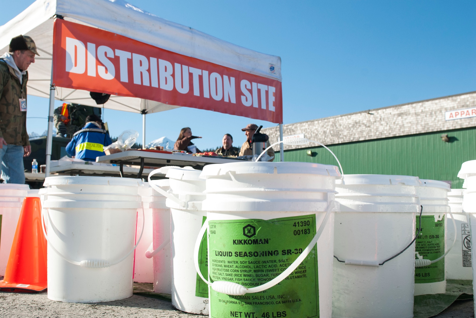 Five gallon buckets of potable desalinated water stand ready to be distributed to the local populace as part of Alaska Shield 14 here on March 29, 2014. Alaska Shield 14 is an exercise that involves state, federal, military and local agencies, designed to test the response and coordination of the disaster modeled after the 1964 earthquake and subsequent tsunami that devastated much of South Central Alaska including the city of Cordova. (U.S. Army photo by Spc. Lindsey Schulte)