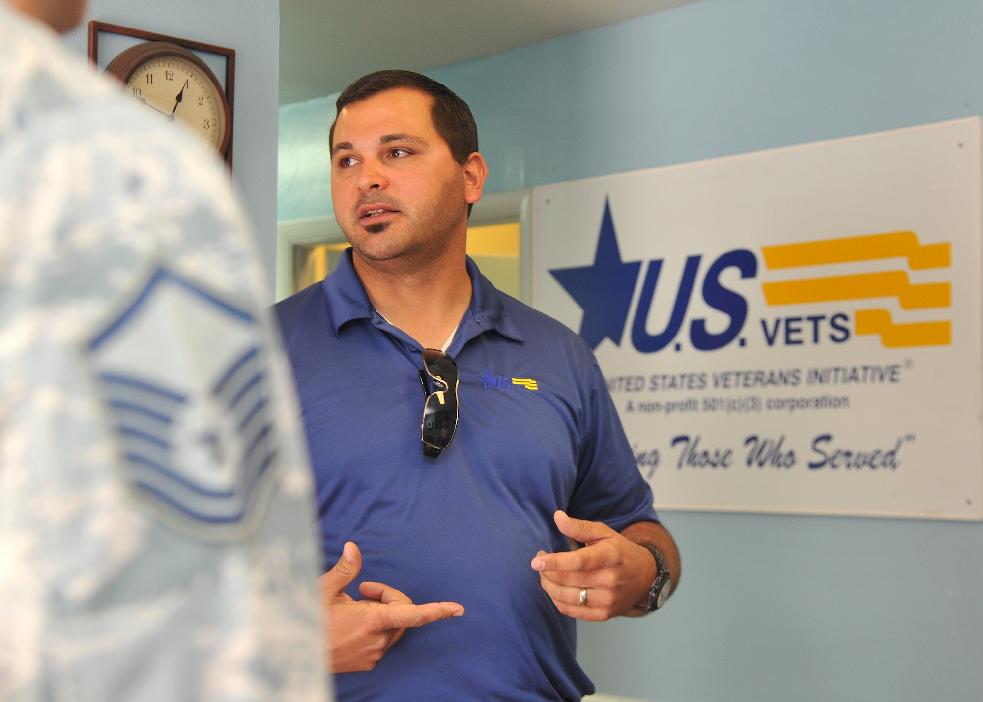 John Scott II, U.S. Veterans Initiative executive director, talks about the organization and what it does for at-risk and homeless veterans March 27 at the headquarters in Phoenix. The U.S. VETS organization provides counseling, long or short-term housing and aid in finding work. (U.S. Air Force photo/Senior Airman Marcy Copeland)