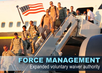 The Air Force Personnel Center has been granted expanded waiver authority to waive some active duty service commitments for Airmen interested in voluntary separation under the fiscal year 2014 force management program. The expanded waiver authority also allows AFPC to waive up to 36 months of Advanced Flying Training (to include Pilot or Flying Instructor Training and Qualification) ADSC, up to 36 months of Air Force Institute of Technology ADSC, up to 24 months of medical residency training ADSC, and up to 48 months with recoupment of medical special pays and bonuses. (Courtesy Graphic)