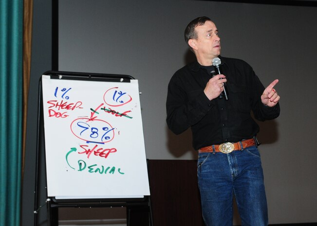 U.S. Army Lt. Col. (Ret.) Dave Grossman, speaks to Team Beale members about Killology at the base theater, Beale Air Force Base, Calif., April 2, 2014. Grossman is an internationally recognized scholar, author, soldier and speaker who is one of the world's foremost experts in the field of human aggression and the roots of violence and violent crime. (U.S. Air Force photo by Senior Airman Allen Pollard/Released)