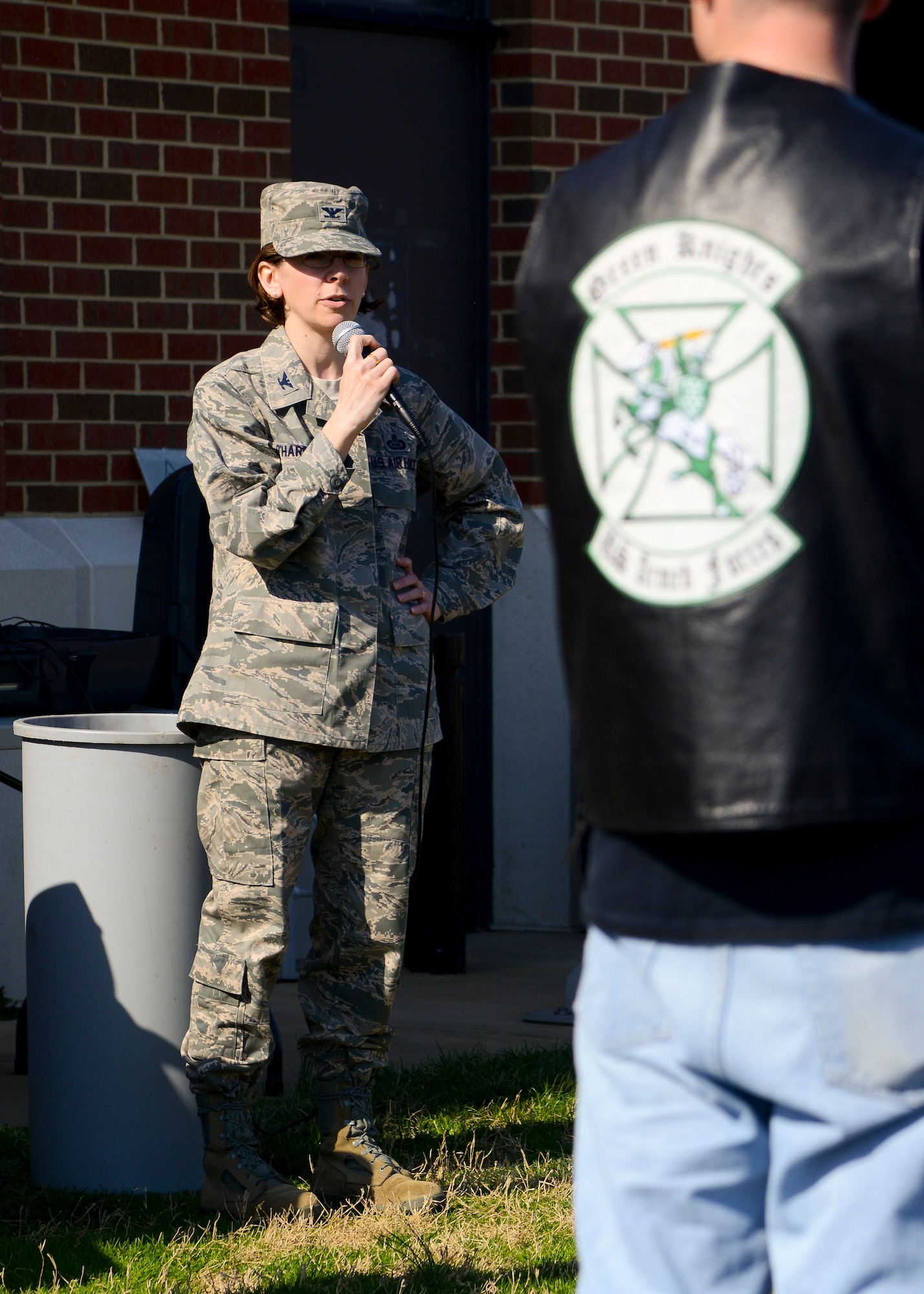 U.S. Air Force Col. Donna O’Harren, 497th Intelligence, Surveillance and Reconnaissance Group commander, speaks during the third annual Motorcycle Safety Day at Langley Air Force Base, Va., April 2, 2014. The event featured a bike show, prizes, and information on rules and regulations of the road along with a safety briefing. (U.S. Air Force photo by Airman 1st Class Victoria H. Taylor/Released)