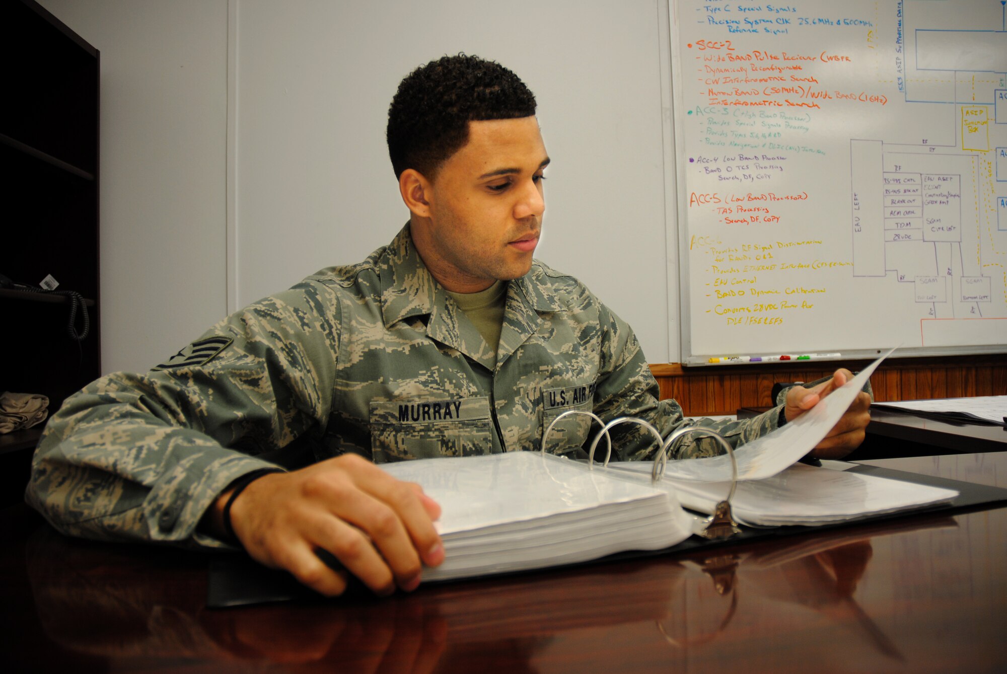 Staff Sgt. Mark Murray, 372nd Training Squadron, Detachment 27 RQ-4 tactical field terminal instructor, reviews some curriculum notes prior to teaching a class on the four types of satellite orbits April 2, 2014, at Grand Forks Air Force Base, N.D.  The NCO from Pittsburgh was selected as the base’s Warrior of the Week for the first week of April 2014. (U.S. Air Force photo/Staff Sgt. Luis Loza Gutierrez)
