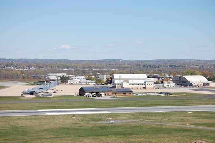 The New Castle Air National Guard Base ramp with Delaware ANG C-130H aircraft, firehouse, new and old hangars, April 5, 2012. (U.S. Air National Guard photo by Tech. Sgt. Benjamin Matwey)