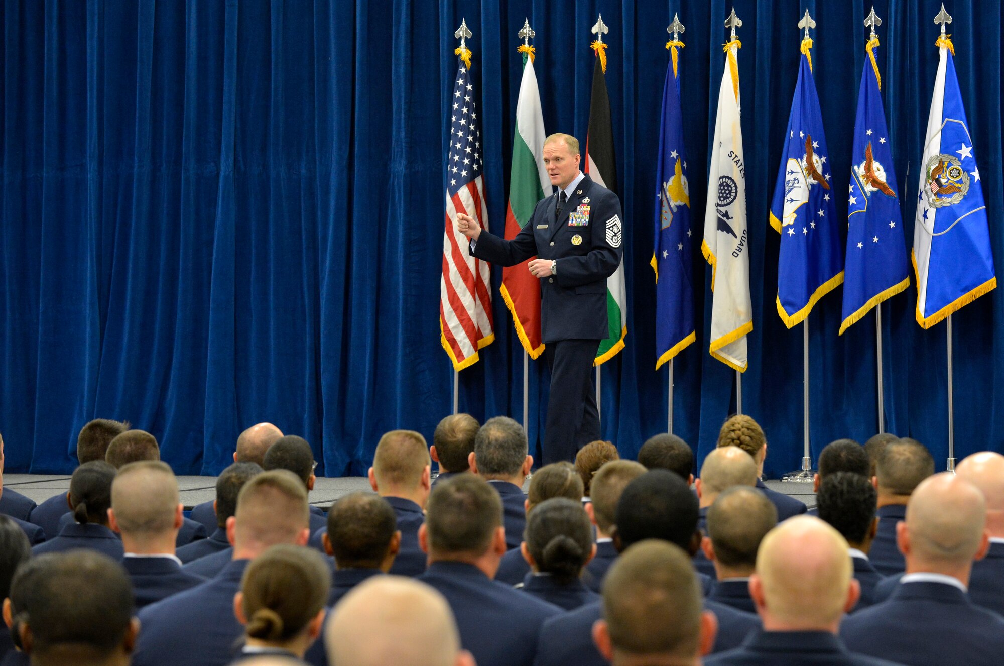 MCGHEE TYSON AIR NATIONAL GUARD BASE, Tenn. - Chief Master Sgt. of the Air Force James A. Cody speaks with U.S. Air Force Airman Leadership School and Noncommissioned Officer Academy graduates here April 3, 2014, at the I.G. Brown Training and Education Center. (U.S. Air National Guard photo by Master Sgt. Kurt Skoglund/Released)