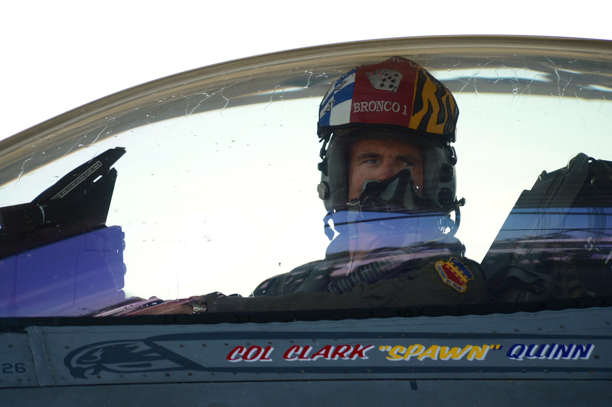 U.S. Air Force Col. Clark Quinn, 20th Fighter Wing vice commander, looks at a crowd of people after returning from his final flight, April 3, 2014, at Shaw Air Force Base, S.C. Quinn served as the 20th FW vice commander for approximately one year and will now be assuming command of the 71st Flying Training Wing, Vance AFB, Okla. (U.S. Air Force photo by Airman 1st Class Jensen Stidham/Released)