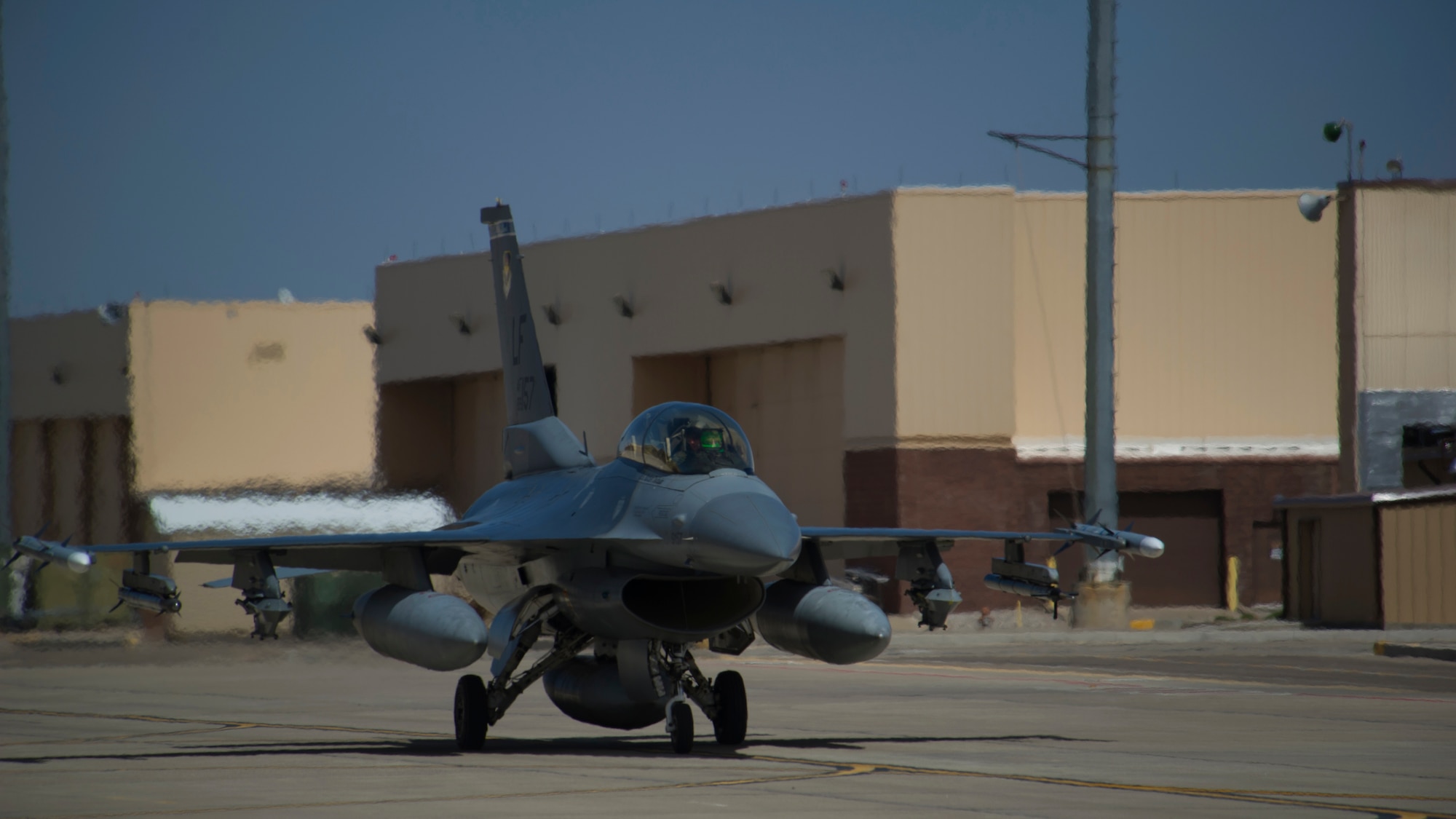 The 54th Fighter Group, a tenant unit of the 56th Fighter Wing at Luke Air Force Base, Ariz., received its first three-ship formation of F-16 Fighting Falcons at Holloman Air Force Base, N.M., April 1. The 54th Fighter Group will operate two F-16 training squadrons at Holloman by the end of 2015. (U.S. Air Force photo by Airman 1st Class Aaron Montoya / Released)