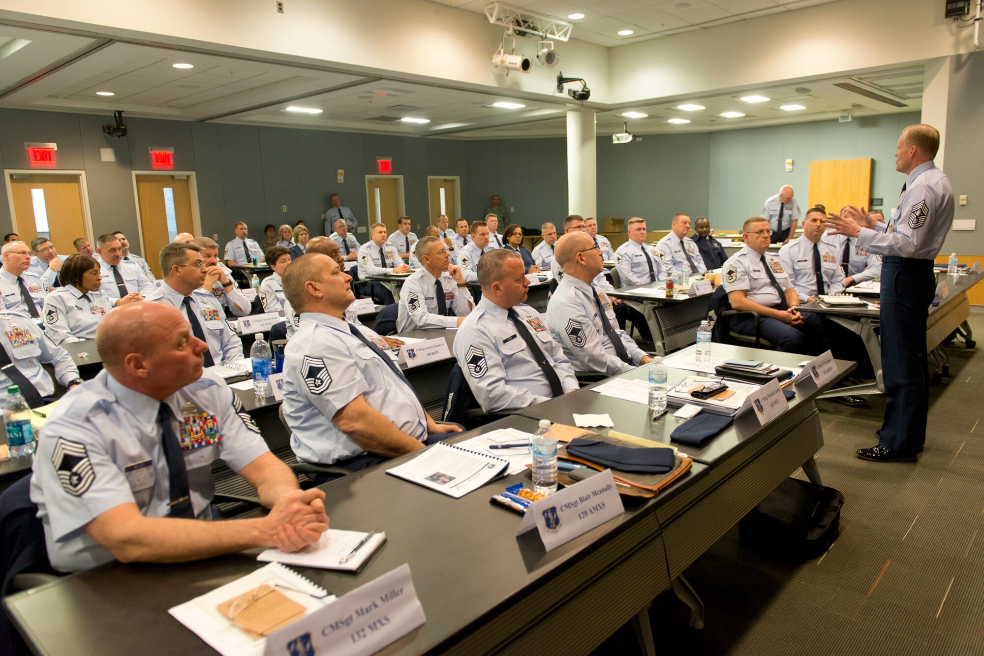 The Chief Master Sergeant of the Air Force, James A. Cody addresses a class during the Chiefs Executive Course at Joint Base Andrews, March 31, 2014. The purpose of the CEC is to provide new Chief Master Sergeants with a broad view of operations at a strategic level. (U.S. Air National Guard photo by Master Sergeant Marvin R. Preston/Released)
