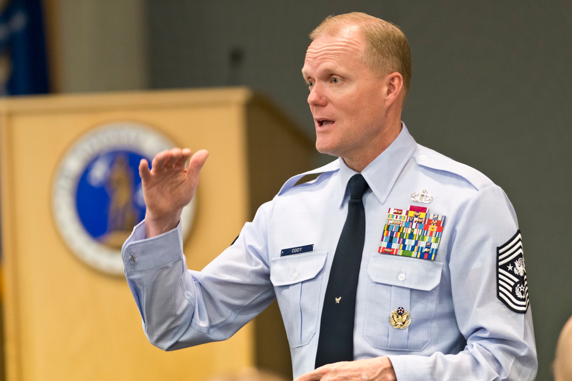 The Chief Master Sergeant of the Air Force, James A. Cody addresses a class during the Chiefs Executive Course at Joint Base Andrews, March 31, 2014. The purpose of the CEC is to provide new Chief Master Sergeants with a broad view of operations at a strategic level. (U.S. Air National Guard photo by Master Sergeant Marvin R. Preston/Released)
