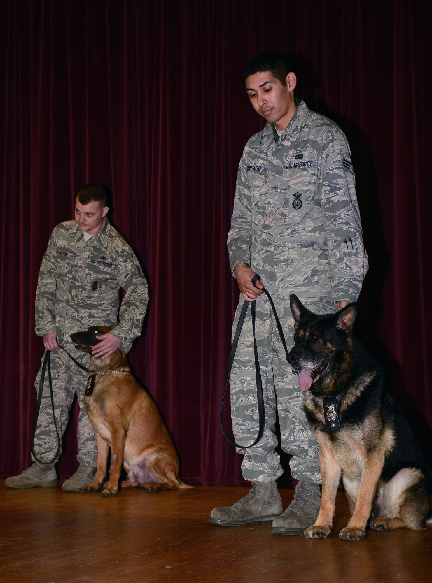 U.S. Air Force Tech. Sgt. John Houston, left, former 100th Security Forces Squadron Military Working Dog handler from Thibodaux, La., with MWD Ootto, and U.S. Air Force Senior Airman Gabriel Santiago, 100th SFS MWD handler from San Diego, with MWD Ferro, are all recognized for their hard work and dedication during an MWD retirement ceremony March 7, 2014, on RAF Mildenhall, England. The military will consider MWD for retirement due to medical conditions, age and operational deficiencies. (U.S. Air Force photo by Airman 1st Class Kyla Gifford/Released)