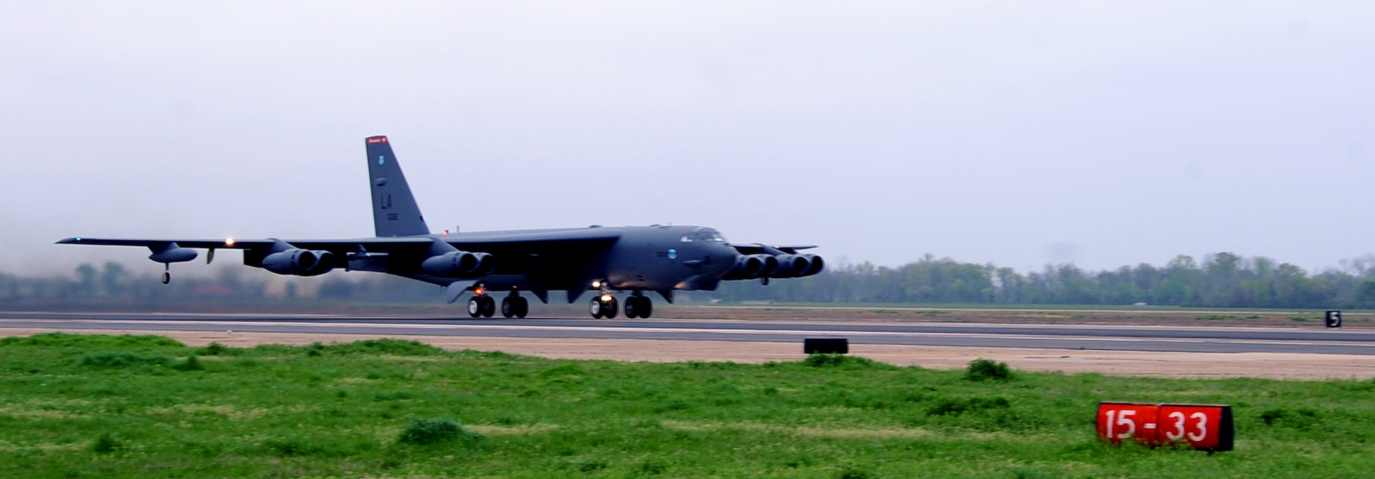 A B-52H Stratofortress, assigned to 96th Bomb Squadron, leaves Barksdale Air Force Base, La., to conduct range training operations and low approach training flights within the vicinity of Hawaii, April 2, 2014. Two B-52s from Barksdale and two B-2 Spirit strategic bombers from Whiteman Air Force Base, Mo., participated in the non-stop mission from their respective home stations. The training flights of approximately 20 and 21 hours in duration, ensure U.S. strategic bomber forces maintain a high state of readiness and demonstrate U.S. Strategic Command's ability to provide a bomber force that is flexible, credible, and always ready to respond to a variety of threats and situations around the world. (U.S. Air Force photo/Staff Sgt. Jason McCasland)