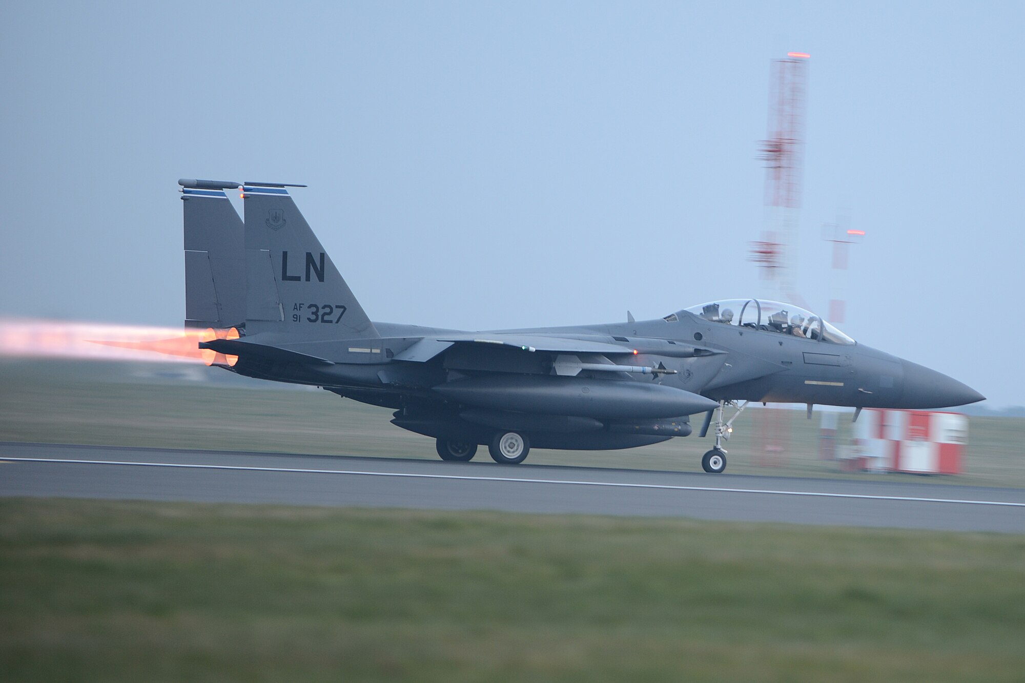 An F-15E Strike Eagle takes off from Royal Air Force Lakenheath, England, April 1, 2014. The 492nd Fighter Squadron departed on a six-month deployment to the U.S. Central Command area of responsibility. (U.S. Air Force photo by Airman 1st Class Trevor T. McBride)