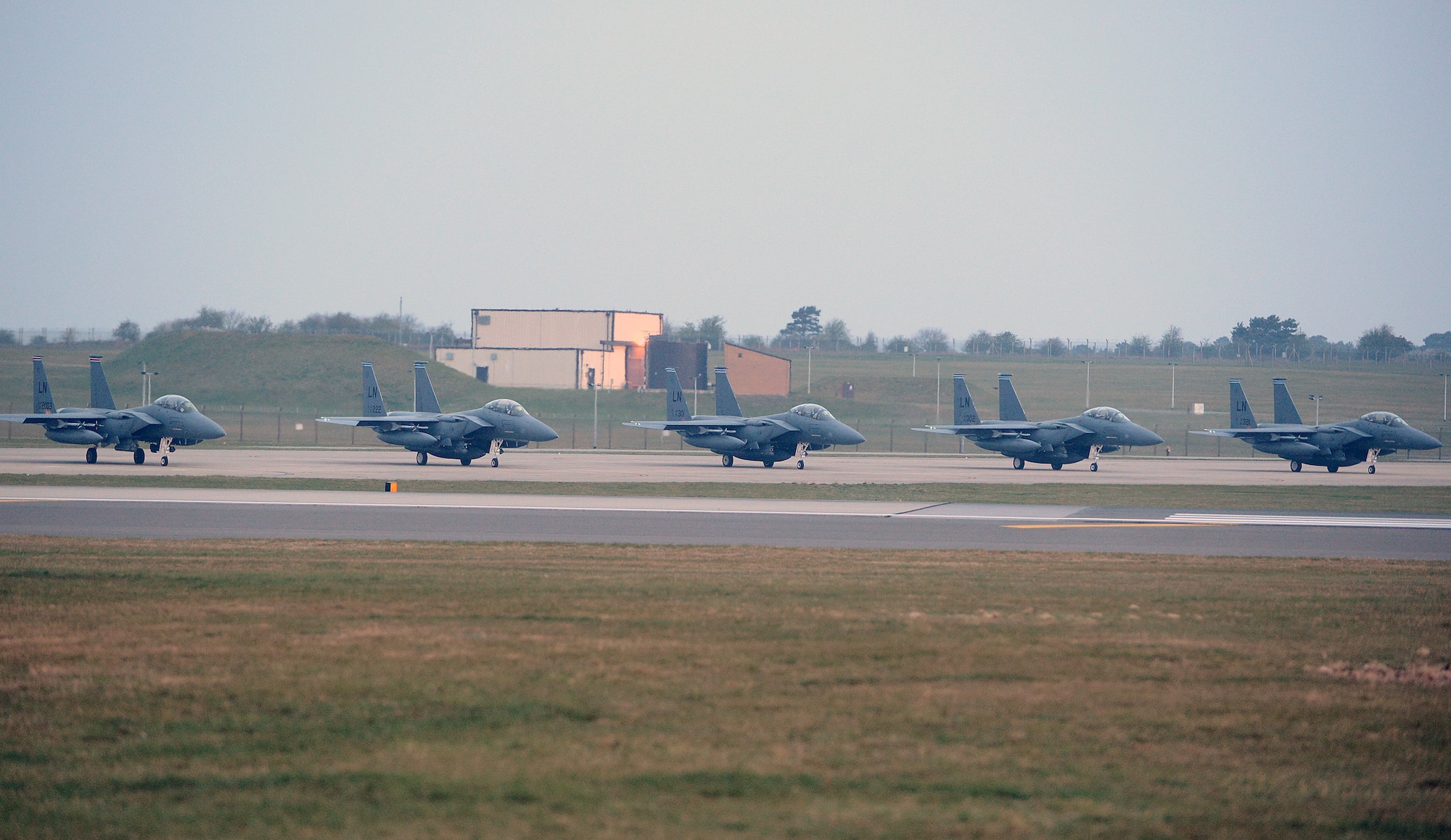 F-15E Strike Eagles prepare to depart Royal Air Force Lakenheath, England,  April 1, 2014. The 492nd Fighter Squadron took off to support a six-month deployment in the U.S Central Command area of responsibility. (U.S. Air Force photo by Airman 1st Class Trevor T. McBride)