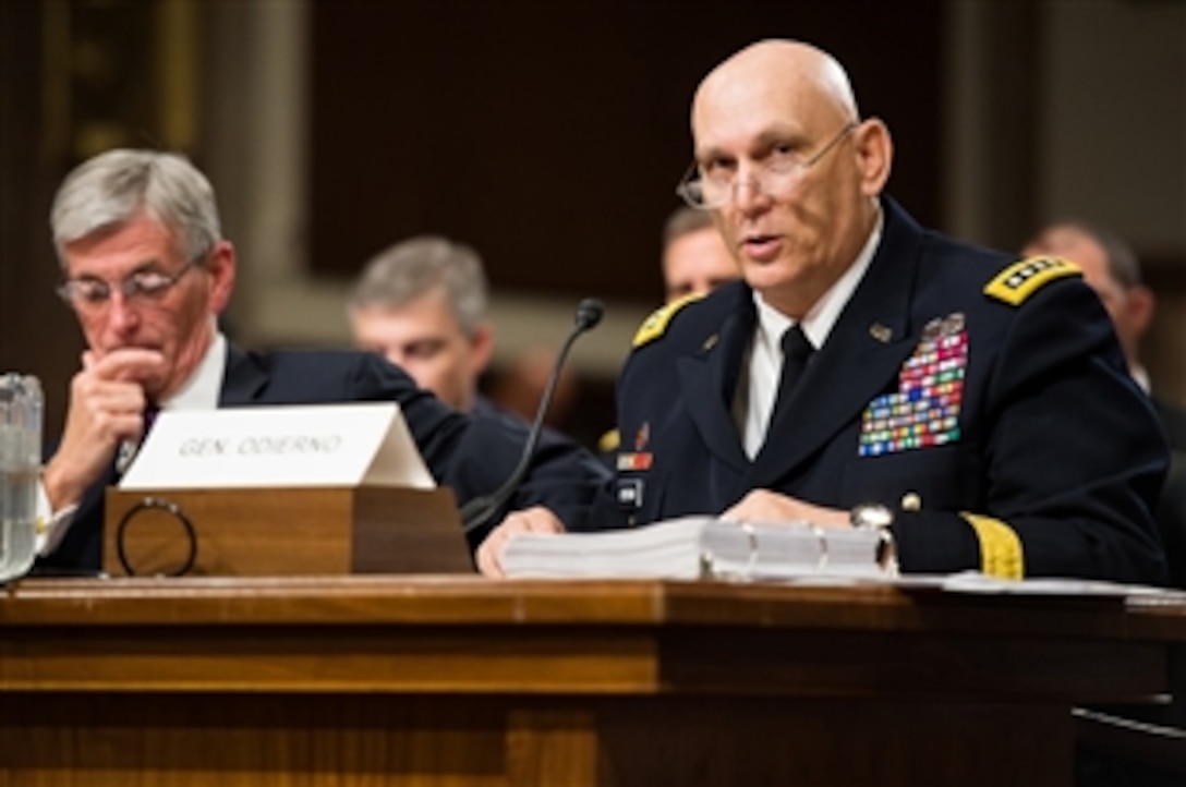 Army Chief of Staff Gen. Ray Odierno briefs senators as Army Secretary John M. McHugh listens during a hearing before the Senate Armed Services Committee in Washington, D.C., April 3, 2014. The Army leaders updated lawmakers on the April 2 shooting incident on Fort Hood, Texas, before proceeding with the hearing’s previously scheduled agenda.