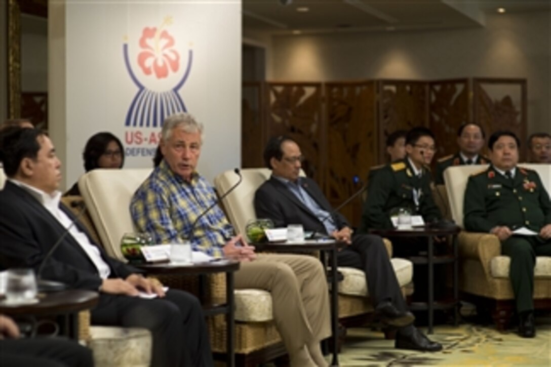 U.S. Defense Secretary Chuck Hagel hosts a round-table discussion with defense ministers with the Association for South East Asian Nations in Honolulu, April 3, 2014. Hagel and the ministers discussed issues of mutual importance.