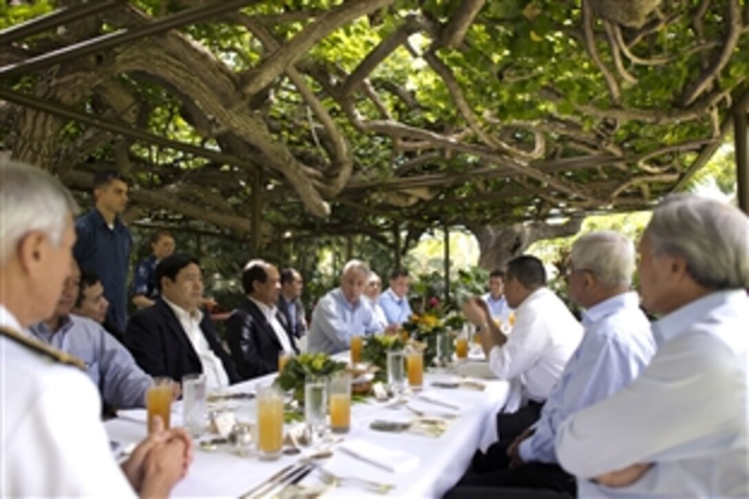 U.S. Defense Secretary Chuck Hagel and Navy Adm. Samuel J. Locklear III, commander of U.S. Pacific Command, host defense ministers with the Association of Southeast Asian Nations for lunch in Honolulu, April 2, 2014.