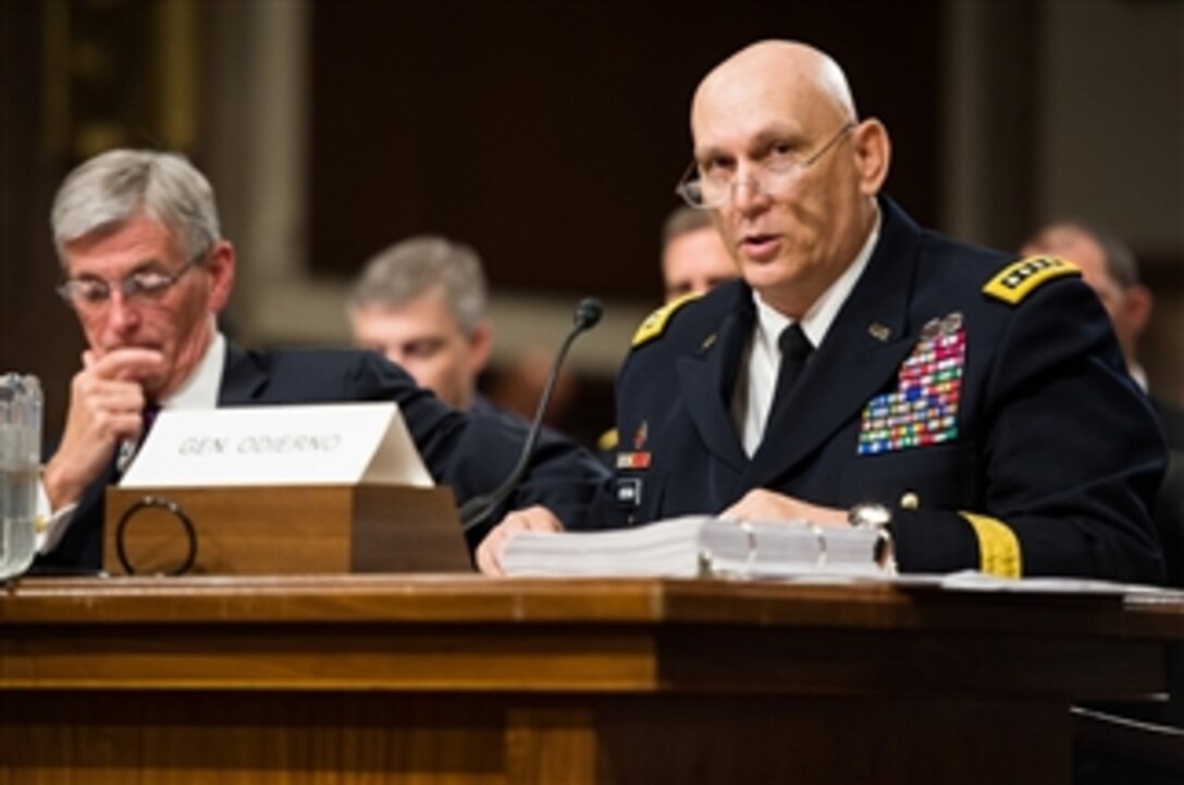 Army Chief of Staff Gen. Ray Odierno briefs senators as Army Secretary John M. McHugh listens during a hearing before the Senate Armed Services Committee in Washington, D.C., April 3, 2014. The Army leaders updated lawmakers on the April 2 shooting incident on Fort Hood, Texas, before proceeding with the hearing’s previously scheduled agenda.