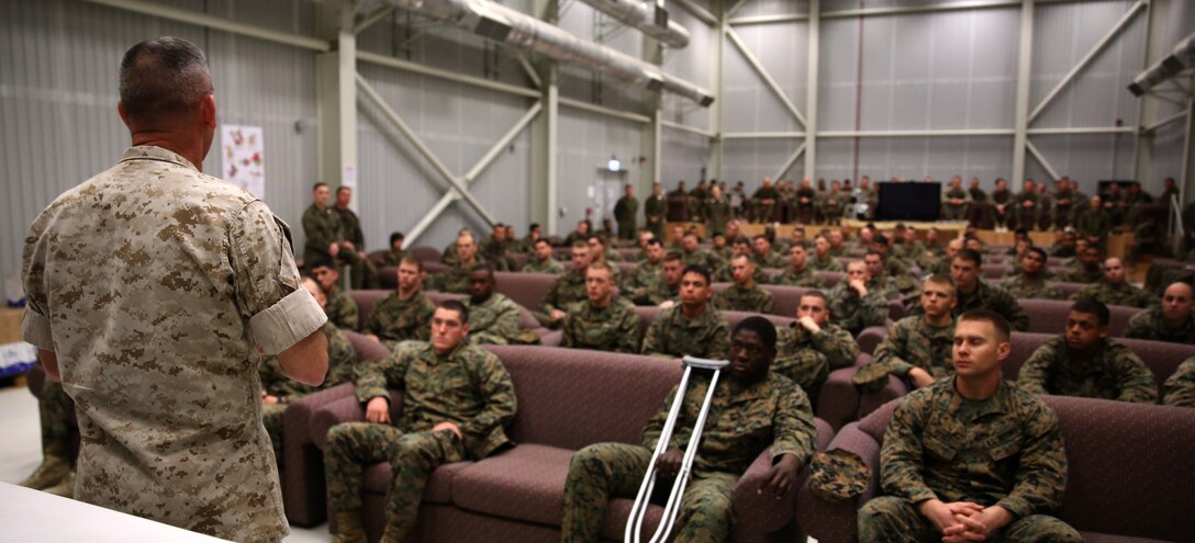 Brigadier Gen. James Lukeman, commanding general of 2nd Marine Division, speaks to Marines with 3rd Battalion, 8th Marine Regiment, 2nd Marine Division assigned to Black Sea Rotational Force 14 during his visit to Mihail Kogalniceanu Air Base, Romania, April 3, 2014. Black Sea Rotational Force 14 is a contingent of Marines and sailors tasked with maintaining positive relations with partner nations, regional stability and increasing interoperability while providing the capability for contingency response, as directed by U.S. European Command, in the Black Sea, Balkan and Caucasus regions of Eastern Europe. (Official Marine Corps photo by Lance Cpl. Scott W. Whiting, BSRF PAO/ Released) 
