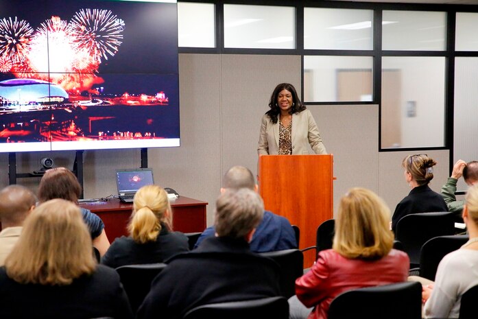 Marine Corps Systems Command closed out Women's History Month April 1 with guest speaker Benita Fitzgerald Mosley, an Olympic gold medalist from Dale City, Va. She spoke to MCSC employees about this year's Women's History Theme, "Women of Character, Courage and Commitment." Fitzgerald Mosley was the first African-American woman and just the second American woman to win Olympic gold in the 100-meter hurdles at the 1984 Olympic Games. She now serves as chief of organizational excellence for the U.S. Olympic Committee. 