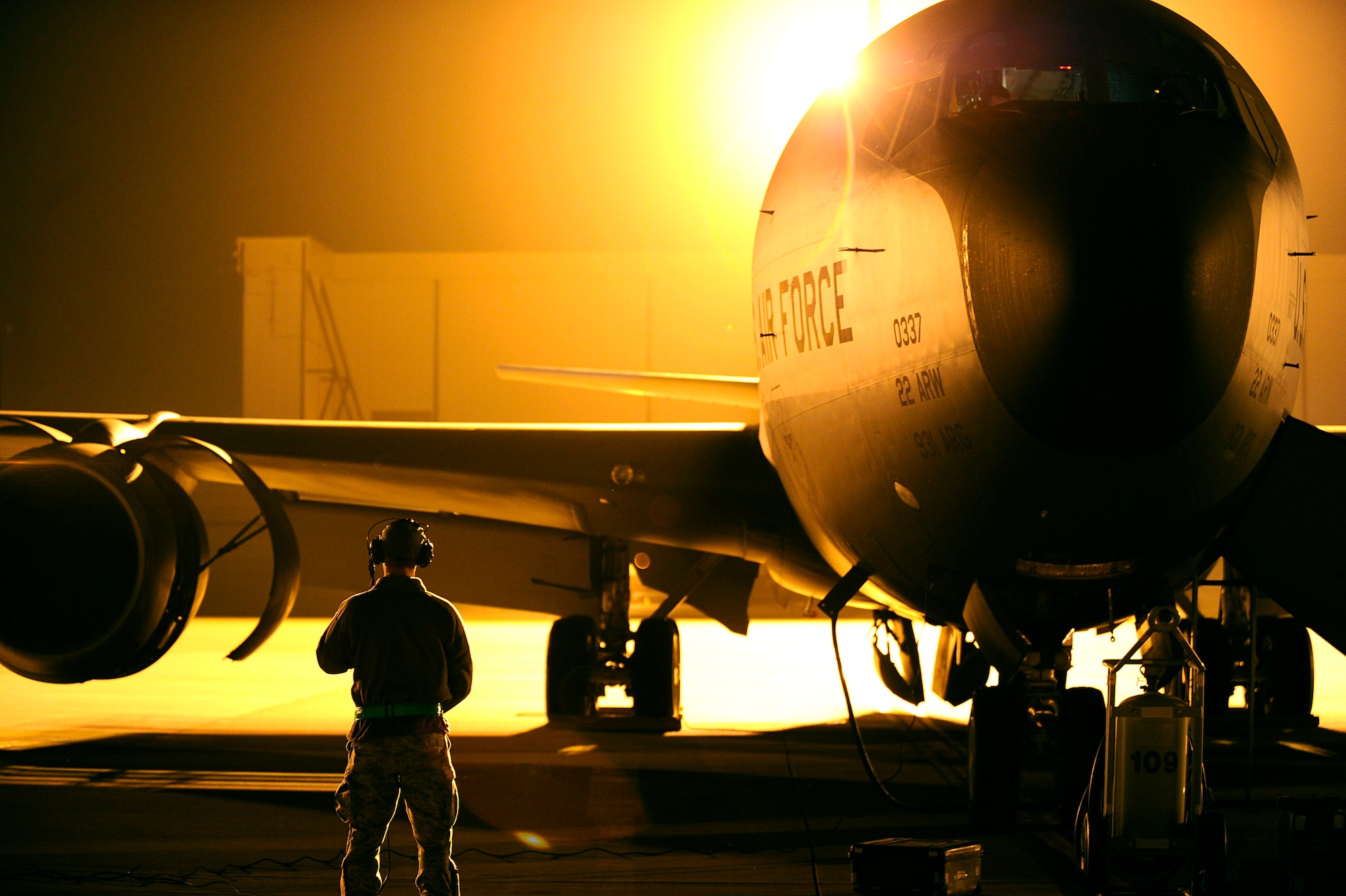 An Airman from the 22nd Aircraft Maintenance Squadron monitors a KC-135 Stratotanker during an engine check March 31, 2014, at McConnell Air Force Base, Kan. Maintenance Airmen work around the clock to provide mission-ready aircraft for mobility operations 24/7. (U.S. Air Force photo/Airman 1st Class Victor J. Caputo)