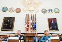 Vice Chairman of the Joint Chiefs of Staff Adm. James A. Winnefeld, Jr. joins Deputy Under Secretary of Defense for Strategy, Plans and Force Development, U.S. Department of Defense Ms. Christine E. Wormuth to testify before the House Armed Services Committee during a hearing on the 2014 Quadrennial Defense Review, at the Rayburn House Office Building, in Washington, D.C., April 3, 2014.