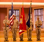A Navy color guard presents the national colors during a Navy and Marine Corps Commendation Medal award ceremony aboard Camp Lejeune, N.C., April 2, 2014. Petty Officer 1st Class Lance S. Wyatt, an El Paso, Ark., native, received the medal with combat distinguishing device for his heroic actions during his 2013 deployment to Afghanistan.