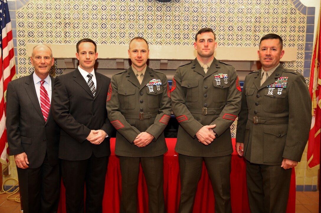 Raymond F. Geoffroy (left), assistant deputy commandant, Plans, Policies and Operations and director, Security Division, and Brig. Gen. James W. Bierman (right), commanding general, Marine Corps Recruit Depot San Diego and Western Recruiting Region stand with the award recipients (left to right) Police Lt. Jude J. Gronenthal, Marine Corps Air Station Miramar, Calif., Master Sgt. John A. Alen, Marine Special Operations Combat Support Battalion, Camp Lejeune, N.C., and Sgt. Miles F. Jones-France, Marine Special Operations Battalion, Marine Corps Forces Special Operations Command, Camp Lejeune, N.C., during the Jim Kallstrom and Security and Emergency Services Awards Banquet aboard the depot, March 12.  The awards banquet was an annual event that was coordinated by Headquarters Marine Corps Law Enforcement Corrections Branch to recognize the outstanding leadership and bravery exhibited by the Military Police.