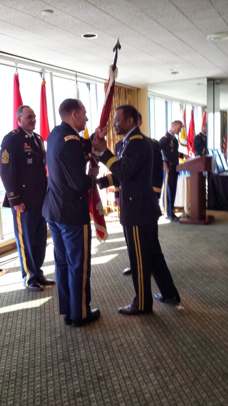 Lt. Gen. Thomas P. Bostick, commander of the U.S. Army Corps of Engineers, passes the colors to Col. Richard J. Muraski Jr., acting commander of the Southwestern Division during a relinquishment of command ceremony, April 4.

