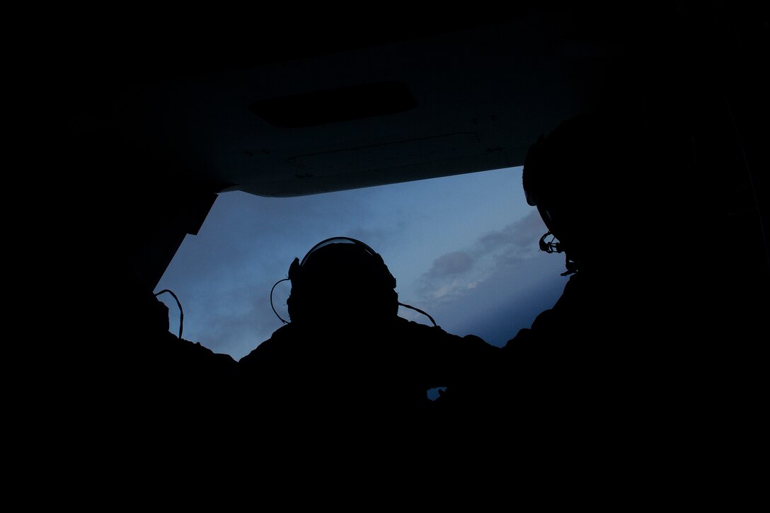 (From left to right) Lance Cpl. James Koepke, Lance Cpl. Harley Calonder and Lance Cpl. Kenneth Jones Jr., crew chiefs with Marine Medium Tiltrotor Squadron 161, view the island of Oahu, Hawaii from the ramp of an MV-22 Osprey, April 2, 2014. Designated in Camp Pendleton, Calif., VMM-161 was assigned to the USS Anchorage during its trip to Hawaii and conducted several training operation to sustain familiarity with the Ospreys while cross training with III Marine Expeditionary Force. (U.S. Marine Corps photo by Lance Cpl. Matthew Bragg)