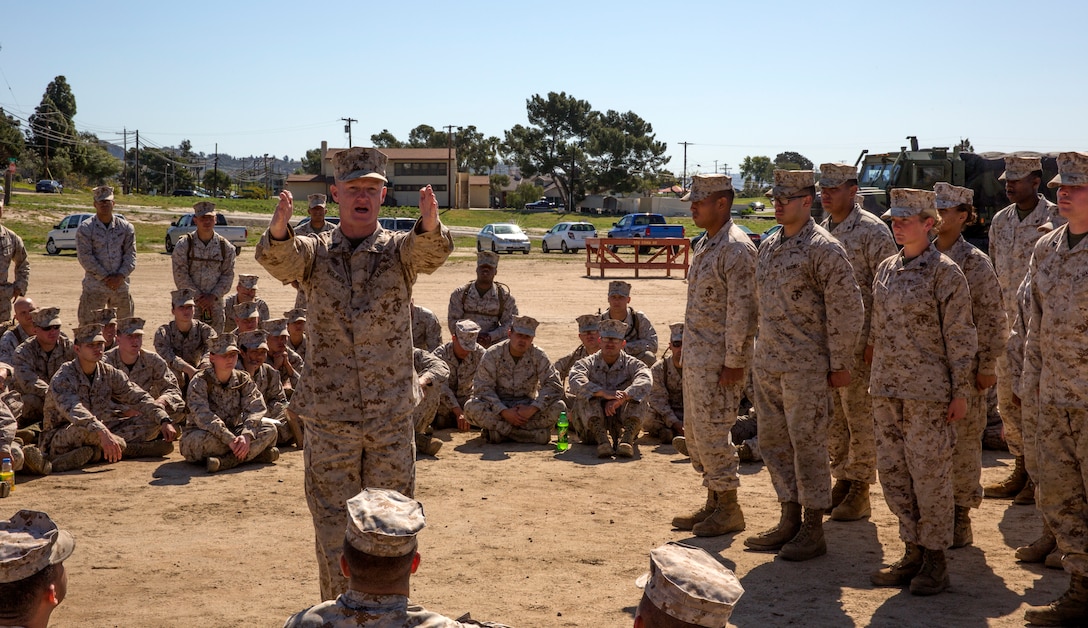 Sgt. Maj. Jason Wolken, Marine Light Attack Helicopter Squadron 169 sergeant major, instructs newly promoted corporals on running a uniform inspection during a Committed and Engaged Leadership Indoctrination course aboard Marine Corps Base Camp Pendleton, Calif., April 1-3. During the three-day course, some periods of instruction included uniform inspections, how to lead guided discussions, communications and counseling, and an introduction to the NCO Creed.