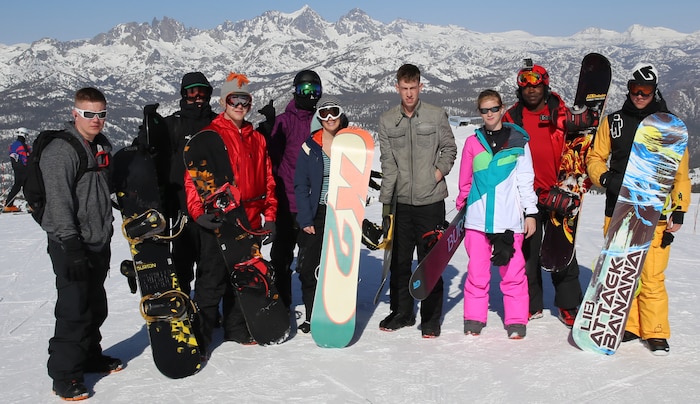 Service members from the San Diego area pose at the summit of Mammoth Mountain during the SMP snowboarding trip, March 13 to 16. Mammoth Mountain is a part of the Eastern Sierra Nevada range and its located in Mammoth Lakes, Calif.