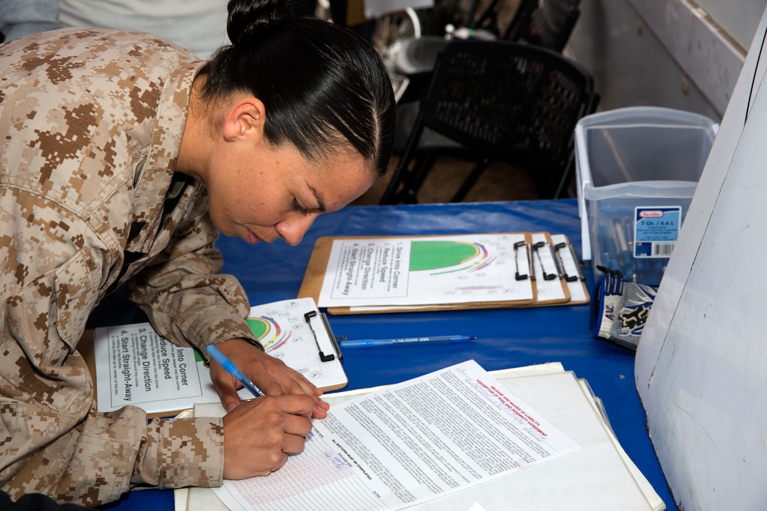 Staff Sgt. Ingrid Hempel, supply chief with Marine Wing Communications Squadron (MACG) 38, signs paperwork before taking part in an American Supercamp Riding School course aboard Marine Corps Air Station Miramar, Calif., April 1-2. During the course, Marines and Sailors with MACG-38 and Marine Aviation Logistics Squadron 11 learned different skills to help them survive situations that could result in serious injury or death. 