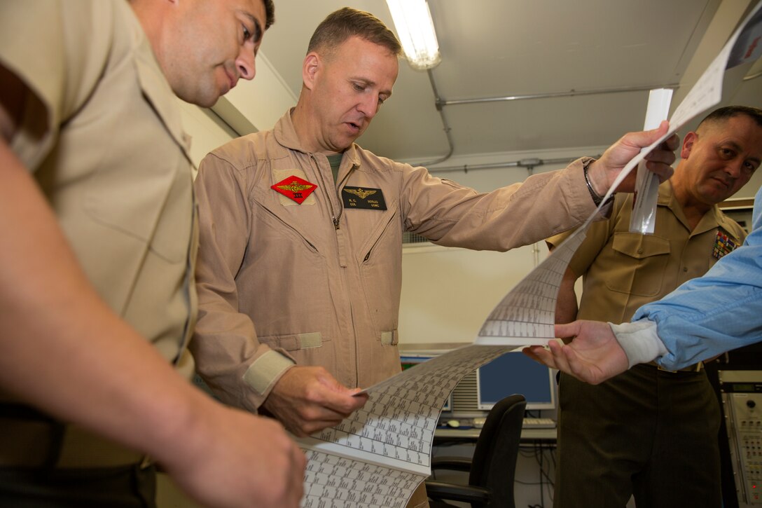 Col. Robert Boyles, incoming commanding officer for Marine Fighter Attack Training Squadron 101, goes over statistics for the F/A-18 APG-73 Radar System Integrated Test Bench during an inauguration ceremony aboard Marine Corps Air Station Miramar, Calif., March 28. The bench will be used to correct radar issues with Boyles’ future aircraft.