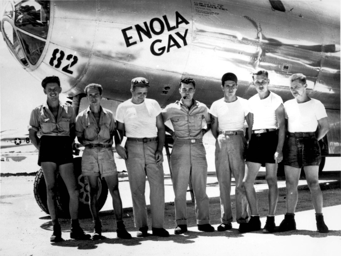 The crew of the Enola Gay pose in front of the B-29 Superfortress they used to drop “Little Boy,” an atomic bomb, on Hiroshima, Japan, helping to bring an early end to World War II. The Enola Gay was part of the 509th Composite Group, an organization within the 20th Air Force when it had a heavy bombardment mission. Now, the 20th AF maintains and operates the Air Force's ICBM force. (File photo)