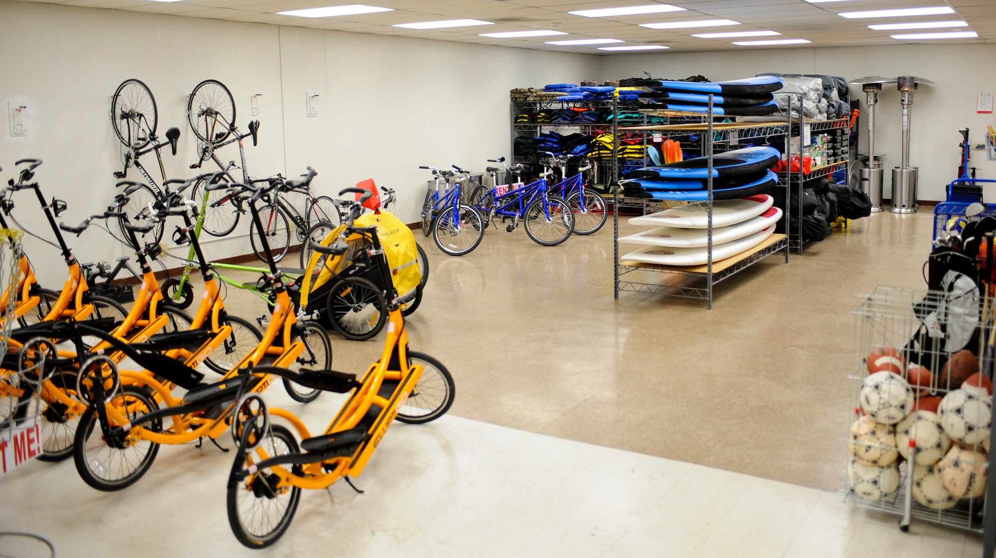 Rental equipment sits at the Outdoor Recreation Center to be used at Davis-Monthan Air Force Base, Ariz., April 3, 2014. The 355th Force Support Squadron allows Airmen and their families, Department of Defense employees and retirees the opportunity to rent different types of equipment such as paddle boards, bicycles and tents. (U.S. Air Force photo by Senior Airman Sivan Veazie/Released)