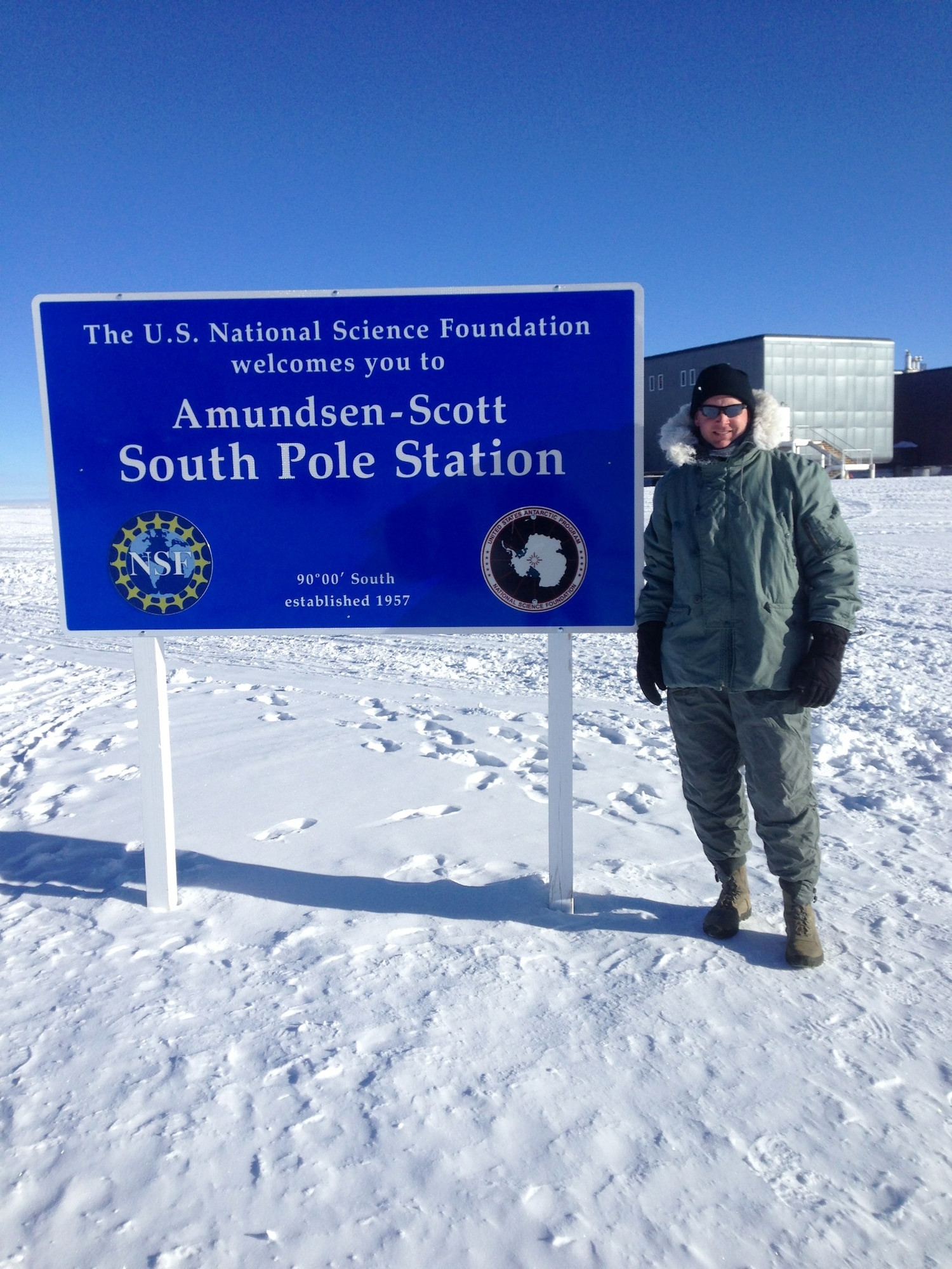 SOUTH POLE --Senior Master Sgt. Trey Hamm arrives here at the Amundsen-Scott South Pole station in February 2014 where the temperature was minus 40 degrees Fahrenheit, with a minus 70 degree wind chill. Hamm was deployed to the National Science Foundation’s McMurdo Station in Antarctica as the Joint Ground Safety Manager for the Air Force and the Navy.