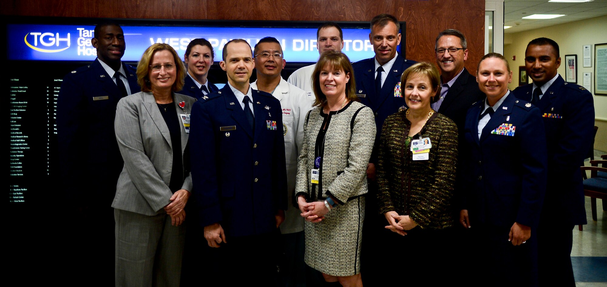 Leaders from the 6th Medical Group and Tampa General Hospital meet to discuss the growth of their partnership March 26, 2014 at TGH in Tampa, Fla. During the meeting, they discussed partnerships that began in 2011 when the Air Force named two general surgeons, Maj. Michael Michel and Dr. Richard Lewis, to initiate this program. (U.S. Air Force photo by Senior Airman Jenay Randolph/Released)