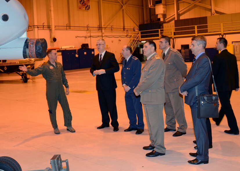 U.S. Air Force Lt. Col. Paul Zurkowski, 104th Fighter Squadron Commander, discusses the capabilities of the A-10 to members of the Bosnia-Herzegovina delegation April 4, 2014 at Warfield Air National Guard Base, Baltimore, Md.  The delegation visited with the Maryland Air National Guard for a facilities tour and to learn about wing capabilities.  (U.S. Air National Guard photo by Tech. Sgt. Christopher Schepers/RELEASED) 