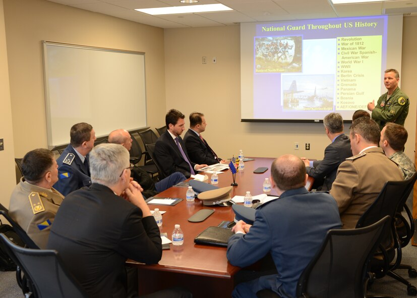 U.S. Air Force Brig. Gen. Scott Kelly, 175th Wing Commander, gives an in-brief to members of the Bosnia-Herzegovina delegation April 4, 2014 at Warfield Air National Guard Base, Baltimore, Md.  The delegation visited with the Maryland Air National Guard for a facilities tour and to learn about wing capabilities.  (U.S. Air National Guard photo by Tech. Sgt. Christopher Schepers/RELEASED)