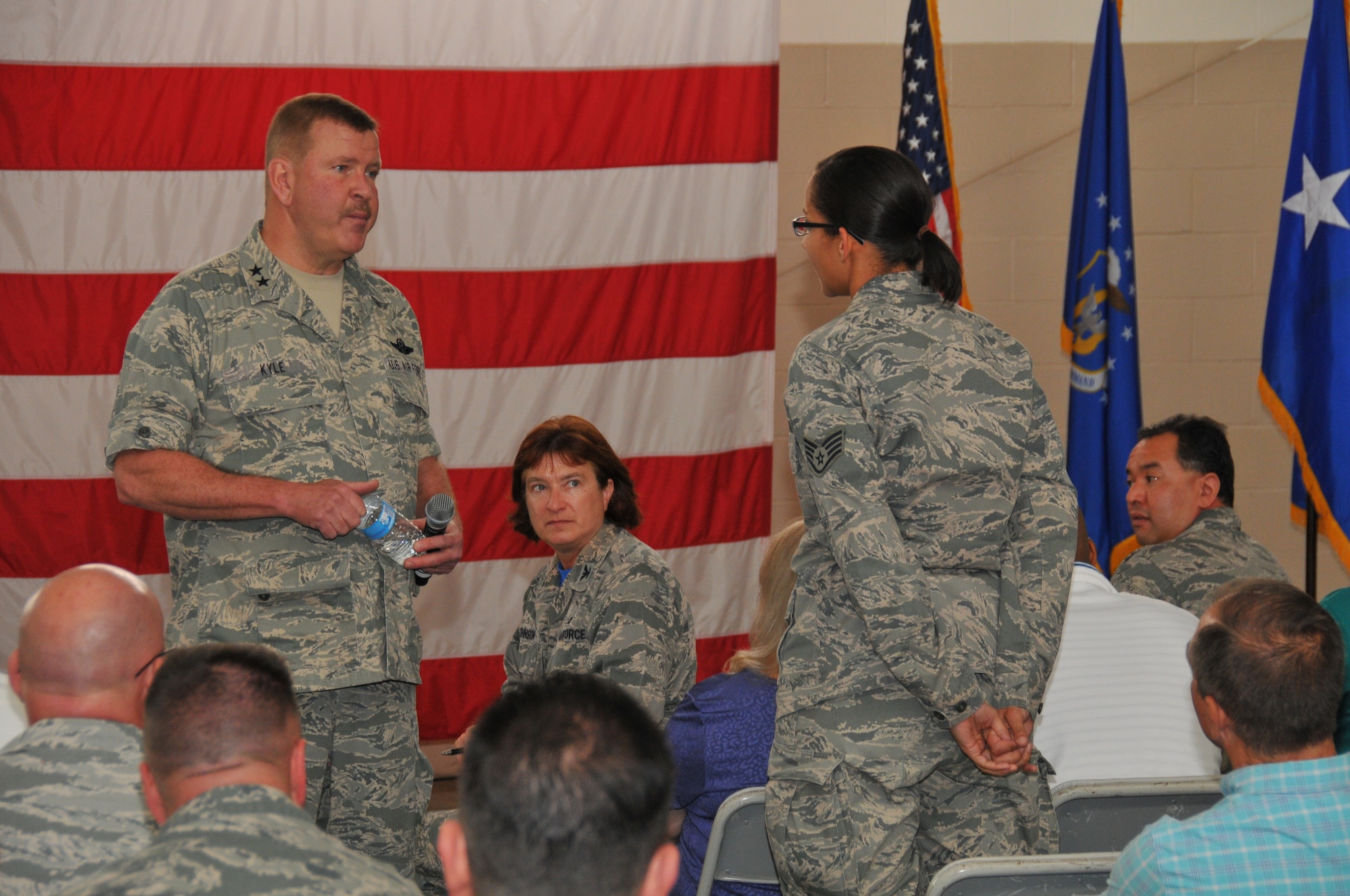Maj. Gen. Mark Kyle, 22nd Air Force commander, made trip to Pope Field, N.C. to speak with the members of the 440th Airlift Wing, April 4, 2013.  Kyle held a town hall meeting for the civilian personnel and Air Reserve Technicians on the first day of his visit.  The town hall was an opportunity for people to ask the general question about the possible upcoming changes for the wing.  (U.S. Air Force photo by Adam Luther, 440 AW/PA) 