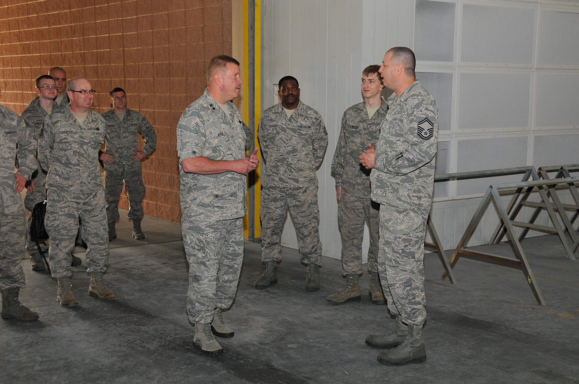Maj. Gen. Mark Kyle, 22nd Air Force commander, made trip to Pope Field, N.C. to speak with the members of the 440th Airlift Wing.  Kyle toured some of the maintenance facilities during his visit.  Senior Master Sgt. Mark Slade explains some of the capabilities to Gen. Kyle that the 440th Maintenance Group has.  (U.S. Air Force photo by Adam Luther, 440 AW/PA) 