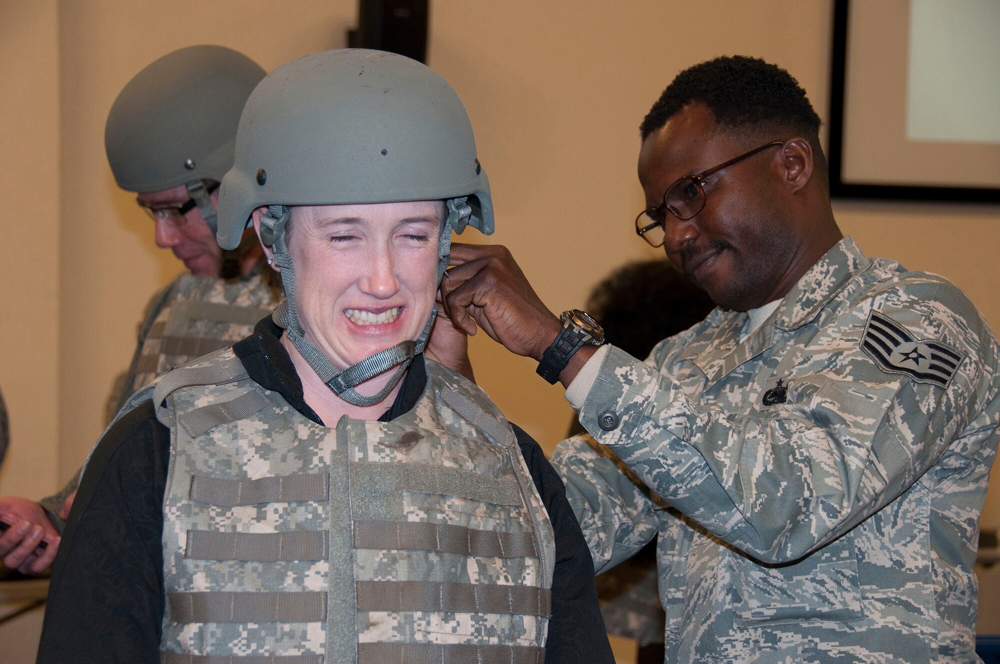 TRAVIS AIR FORCE BASE, Calif. -- Team Travis honorary commanders participated in a day-long Air Force Bootcamp to learn about military culture, April 3, 2014. The honorary commanders program pairs a local business leader with a unit commander to serve as that units’ “honorary commander.” The pairing is designed to maintain a solid, mutually beneficial relationship between the public and Team Travis. (U.S. Air Force photo/Staff Sgt. Cindy G. Alejandrez) 