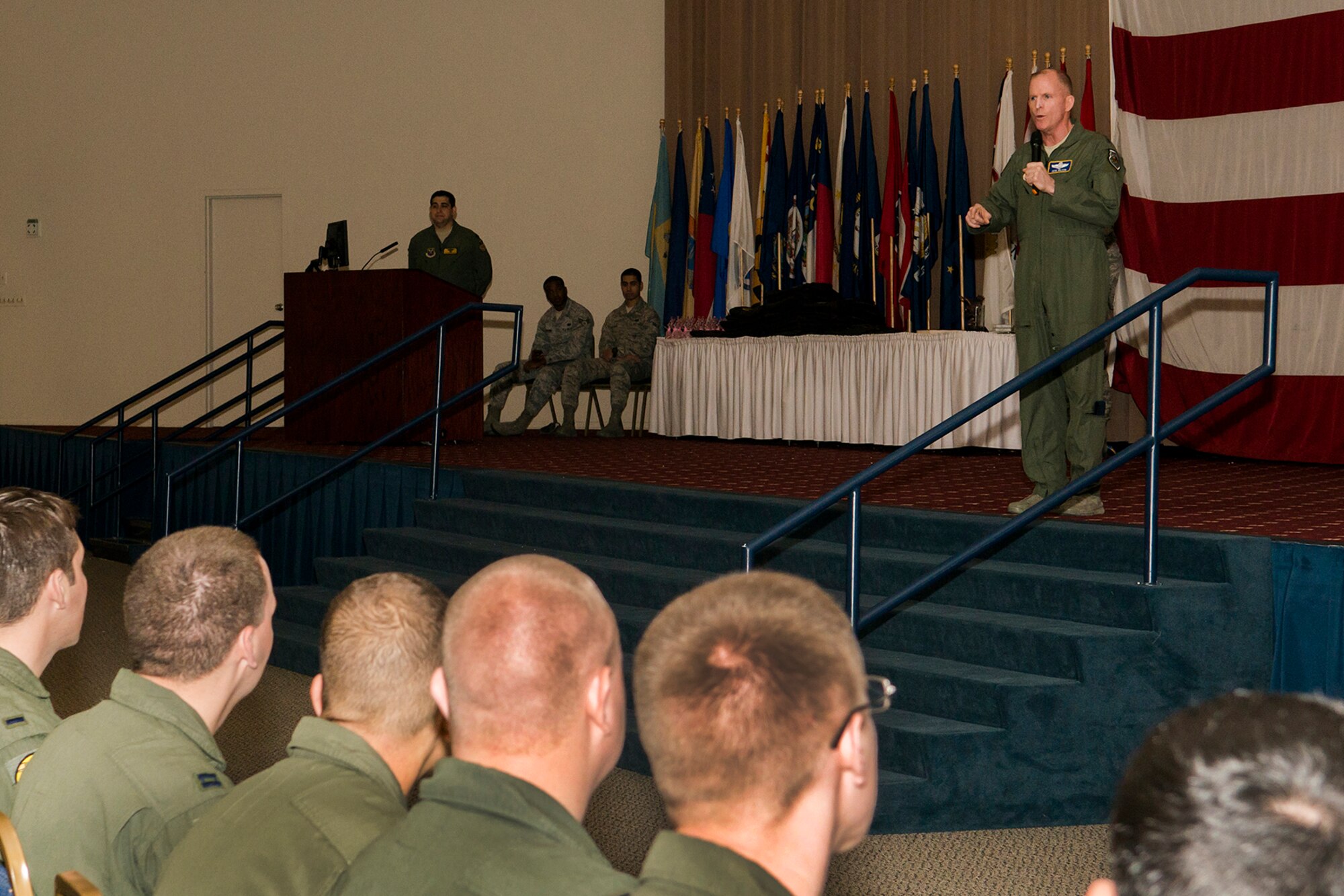U.S. Air Force Lt. Gen. Stephen Wilson speaks during a B-52 Formal Training Unit class graduation ceremony, April 2, 2014, Barksdale Air Force Base, La. Wilson is Commander of Air Force Global Strike Command at Barksdale, and is responsible for organizing, training, equipping and maintaining all U.S. intercontinental ballistic missile and nuclear-capable bomber forces. (U.S. Air Force photo by Master Sgt. Greg Steele/Released)